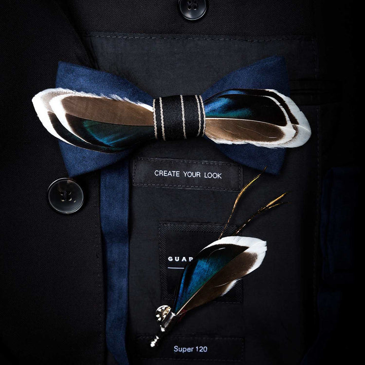 Navy Blau & Braun Vintage Federfliege mit Reversnadel