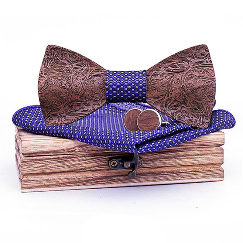 3er Set Herren Fliege aus Schwarznuss Holz mit Paisley-Muster