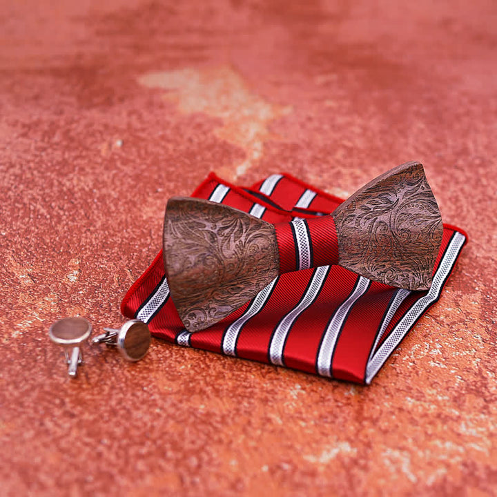 3er Set Herren Fliege aus Schwarznuss Holz mit Paisley-Muster