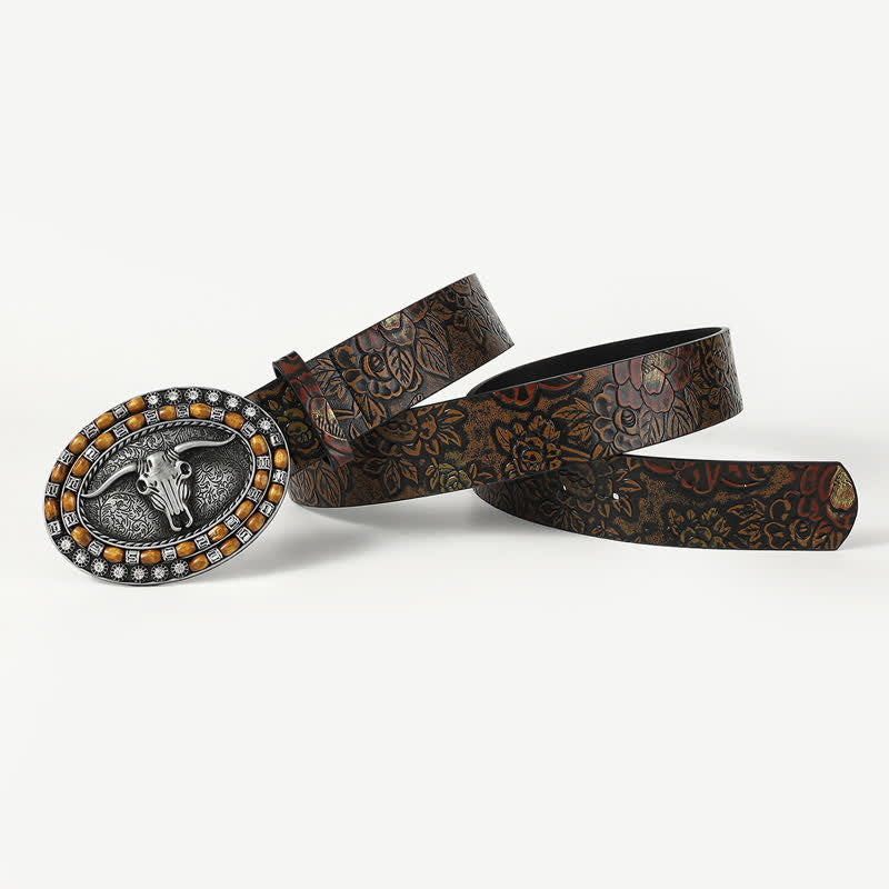 Herrengürtel aus Leder mit geschnitztem Stierkopf und Holzperlen