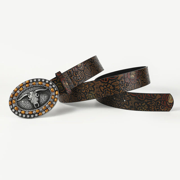 Herrengürtel aus Leder mit geschnitztem Stierkopf und Holzperlen