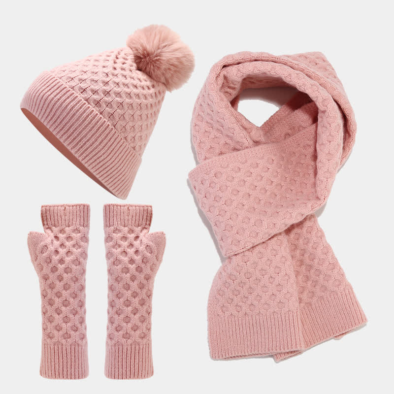 3-tlg. Strickset: Mütze, Schal und Handschuhe mit Kreuzmuster für Damen