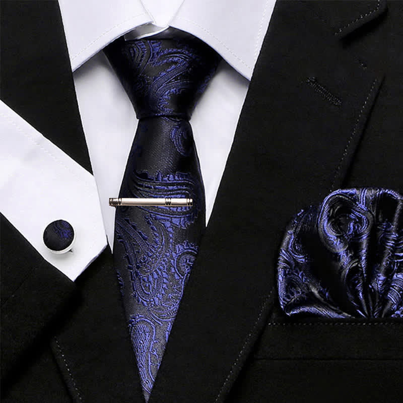 4 Stück Mitternachtsblau & Schwarz Herren Paisley Krawatte Set