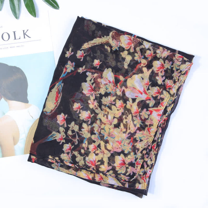 Leichter Schal mit blühenden Blumen und Vögeln für Frauen