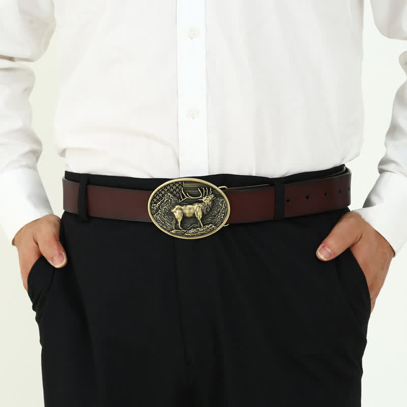 Herren DIY Elch Hirsch Amerika-Flagge Schnalle Ledergürtel