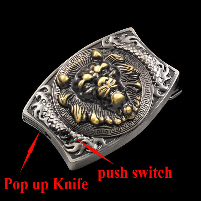 DIY-Ledergürtel für Herren mit verstecktem Klappmesser und goldenem Löwenmotiv