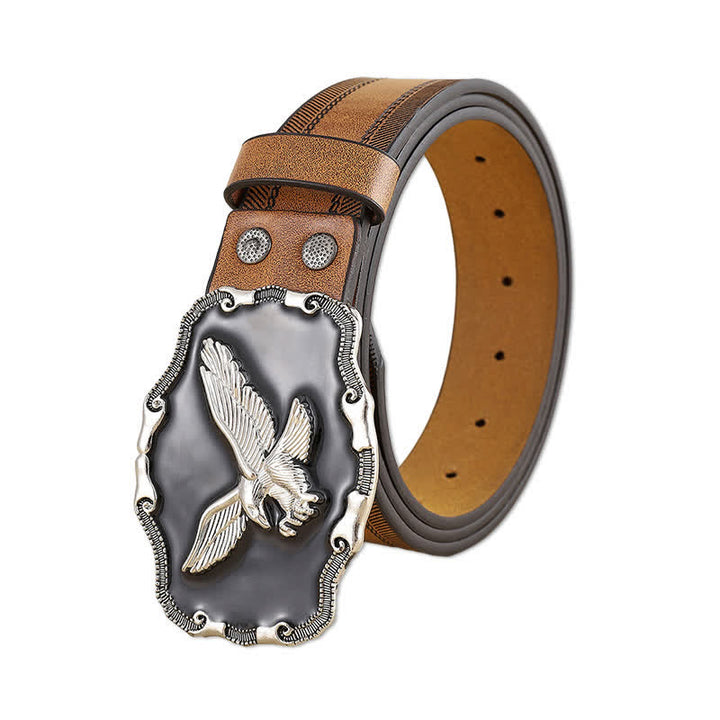 Auffälliger schwarzer Ledergürtel für Herren mit silbernem Relief und Adlerschnalle