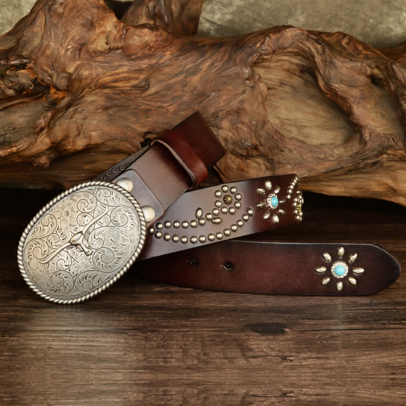 Herren Punk-Nieten Longhorn Bull Türkis Echtes Leder Gürtel