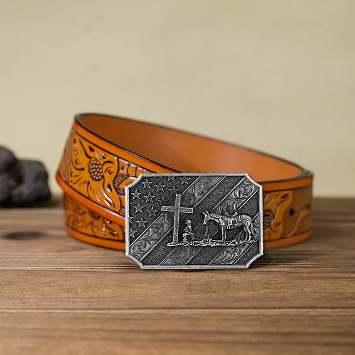 DIY Herrengürtel mit amerikanischer Flagge, Kreuz, Gebet, Pferdeschnalle und Leder