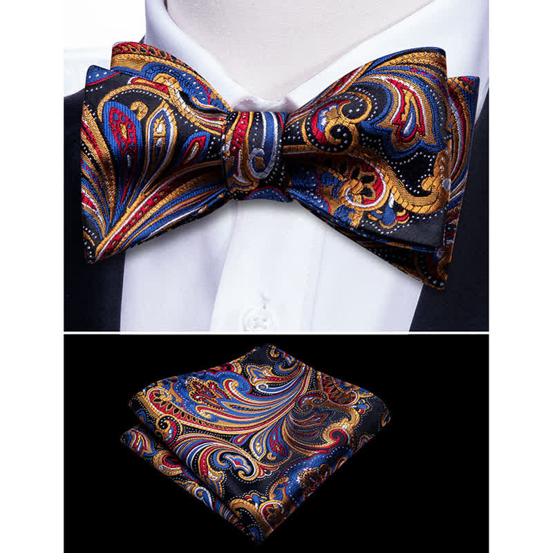 2-tlg. Herren Gold & Blau Paisley Fliege Einstecktuch Set