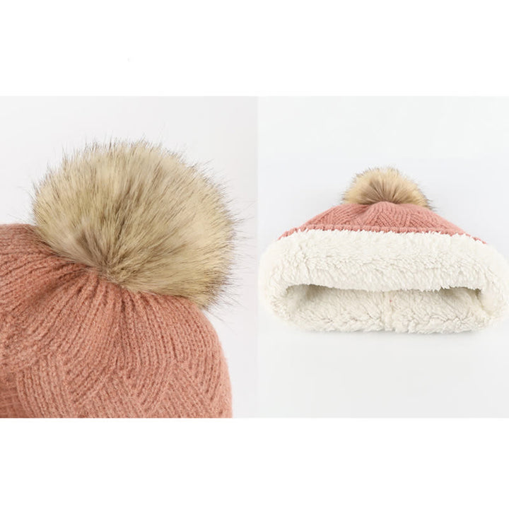 3er-Set Damen-Pompom-Gestrickter Hut-Schal-Touchscreen-Handschuhe