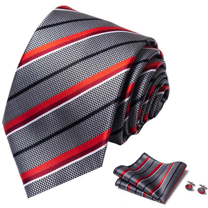 3er Set Herren Krawatte Grau & Rot gestreift