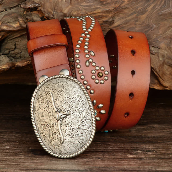 Herren Punk-Nieten Longhorn Bull Türkis Echtes Leder Gürtel