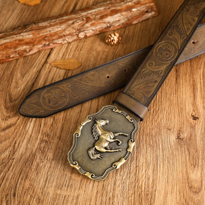 Schwarzer Leder-Gürtel für Herren mit silbernem Pferdemotiv