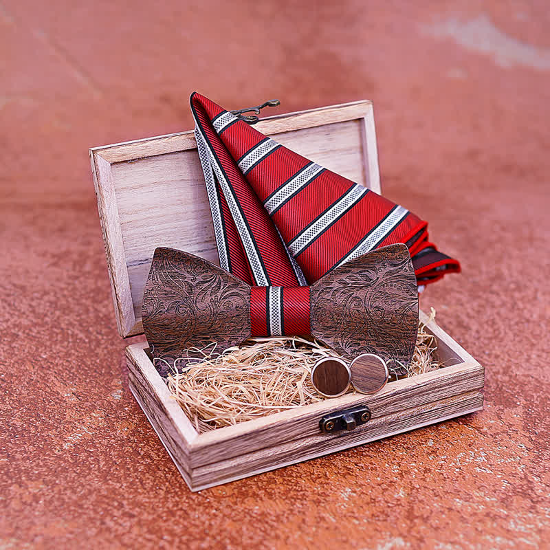 3er Set Herren Fliege aus Schwarznuss Holz mit Paisley-Muster