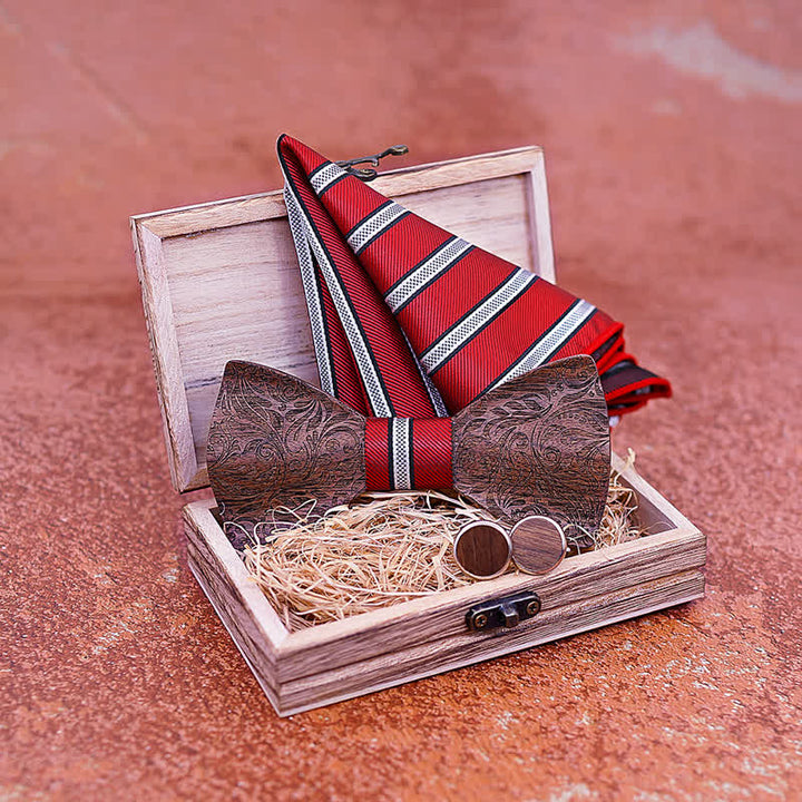 3er Set Herren Fliege aus Schwarznuss Holz mit Paisley-Muster