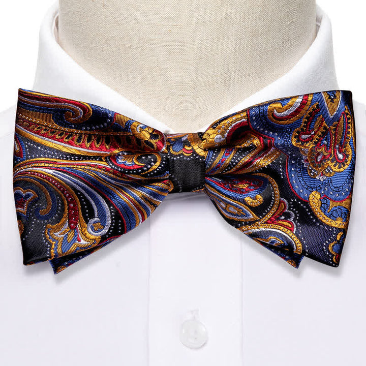 2-tlg. Herren Gold & Blau Paisley Fliege Einstecktuch Set