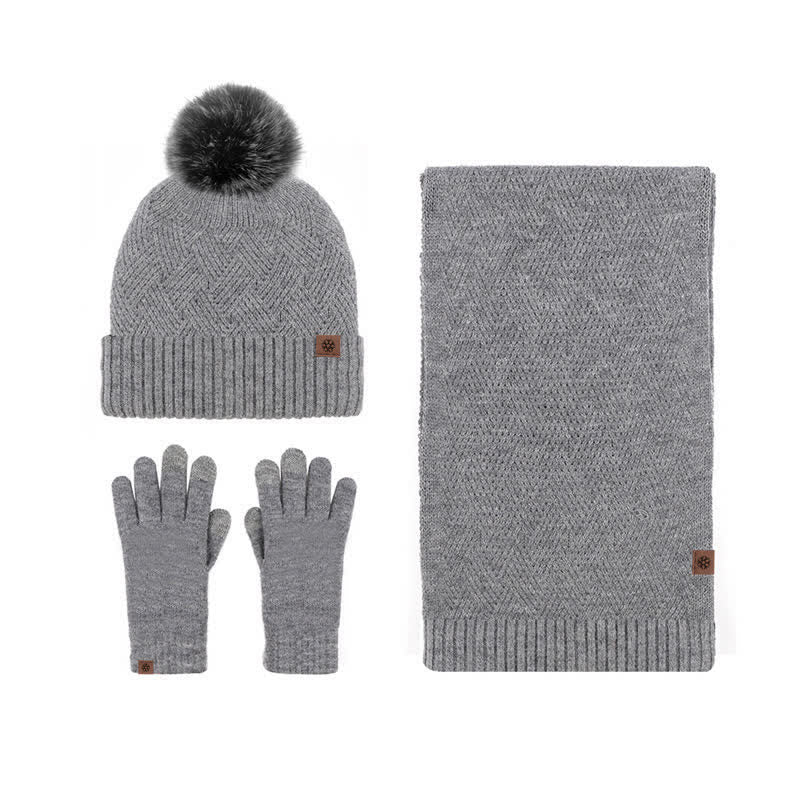3er-Set Damen-Pompom-Gestrickter Hut-Schal-Touchscreen-Handschuhe