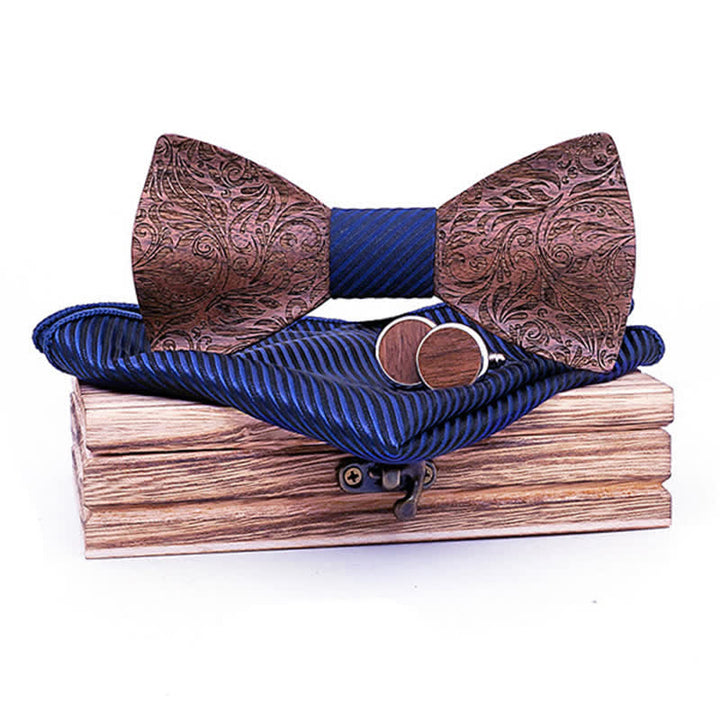 3er Set Herren Fliege aus Schwarznuss Holz mit Paisley-Muster