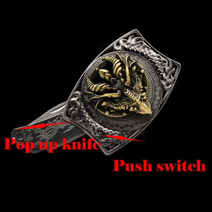 DIY-Ledergürtel mit verstecktem Klappmesser mit scharfem Schnabeldrachen für Herren