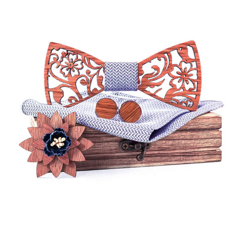 4-teiliges Herren-Set mit hohlen, floralen Holzfliegen