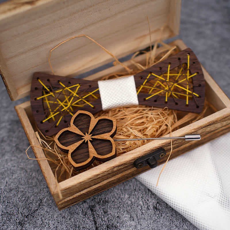 3-teiliges Set für Herren aus gewebten und bestickten hölzernen Fliegen