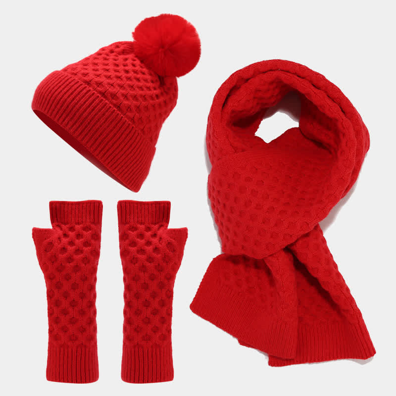 3-tlg. Strickset: Mütze, Schal und Handschuhe mit Kreuzmuster für Damen