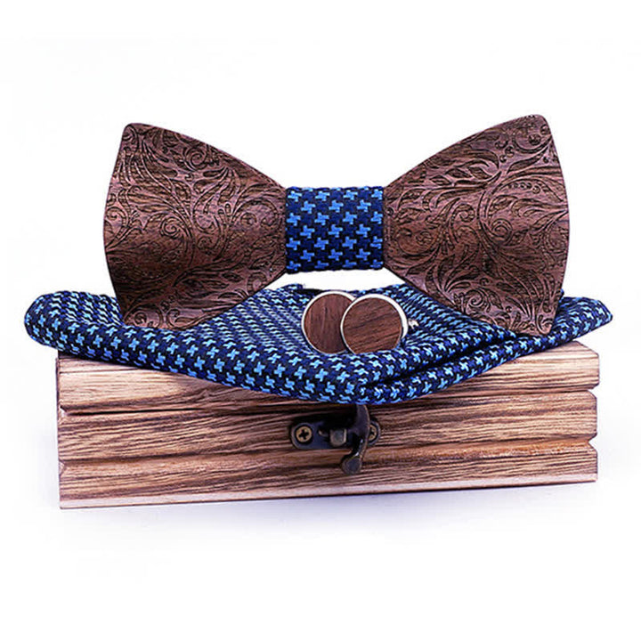 3er Set Herren Fliege aus Schwarznuss Holz mit Paisley-Muster
