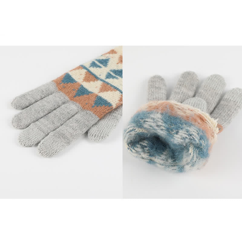 3-teiliges Damen-Set mit Mütze, Schal und Handschuhen im Dreiecksmuster