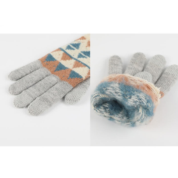 3-teiliges Damen-Set mit Mütze, Schal und Handschuhen im Dreiecksmuster