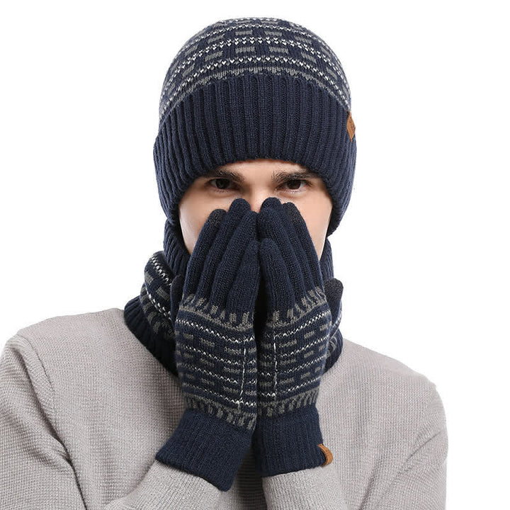 3-tlg. Set aus lockerer, doppellagiger Strickmütze, Schal und Handschuhen