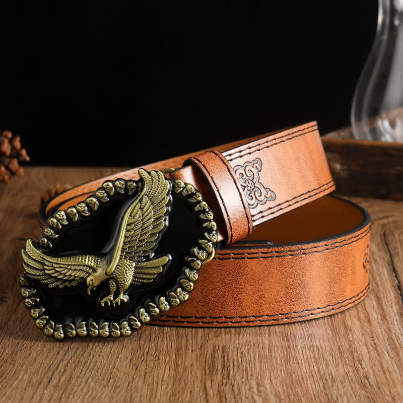 Leder Gürtel mit Antik-Gold-Adler-Motiv für Herren
