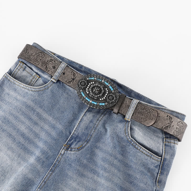 Boho-Ledergürtel mit türkisblauer Blumenverzierung für Herren