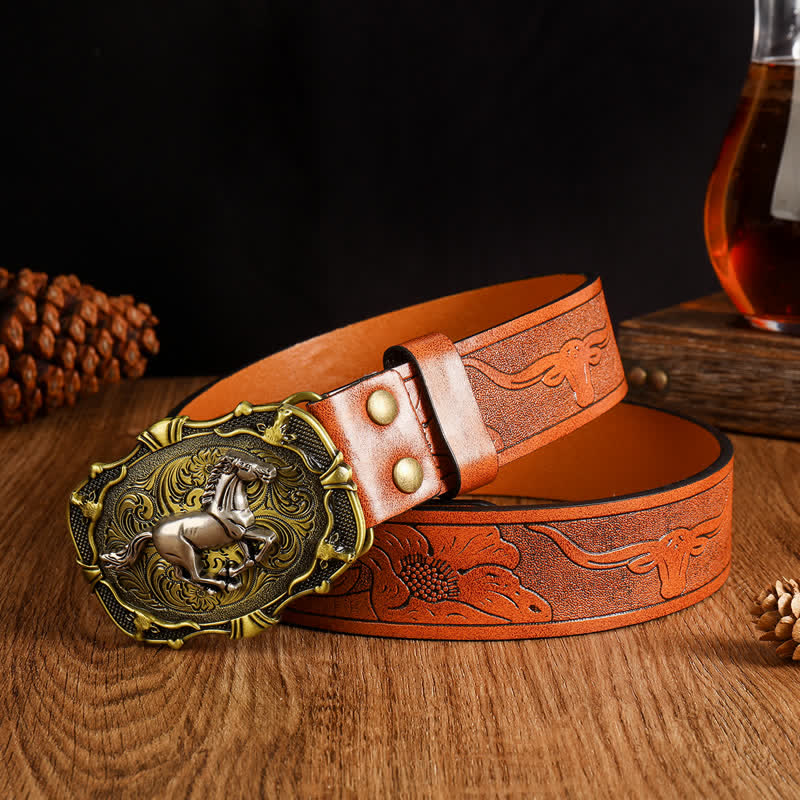 Herren Gürtel aus Leder mit geometrischer Schnalle und galoppierendem Pferd