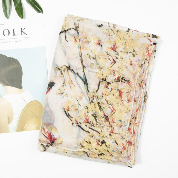 Leichter Schal mit blühenden Blumen und Vögeln für Frauen