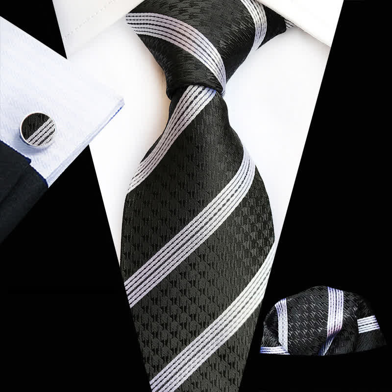3Stk. Herren Business Schwarz & Weiß Gestreiftes Krawatten-Set