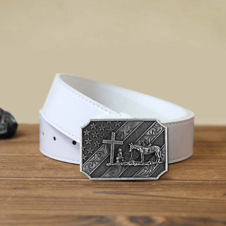 DIY Herrengürtel mit amerikanischer Flagge, Kreuz, Gebet, Pferdeschnalle und Leder