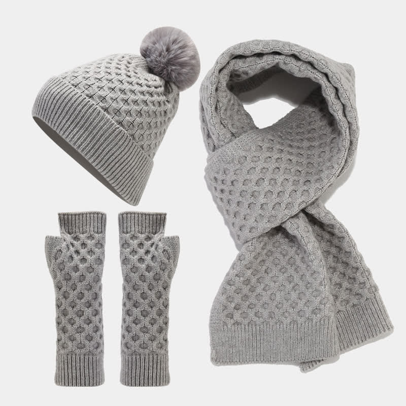 3-tlg. Strickset: Mütze, Schal und Handschuhe mit Kreuzmuster für Damen