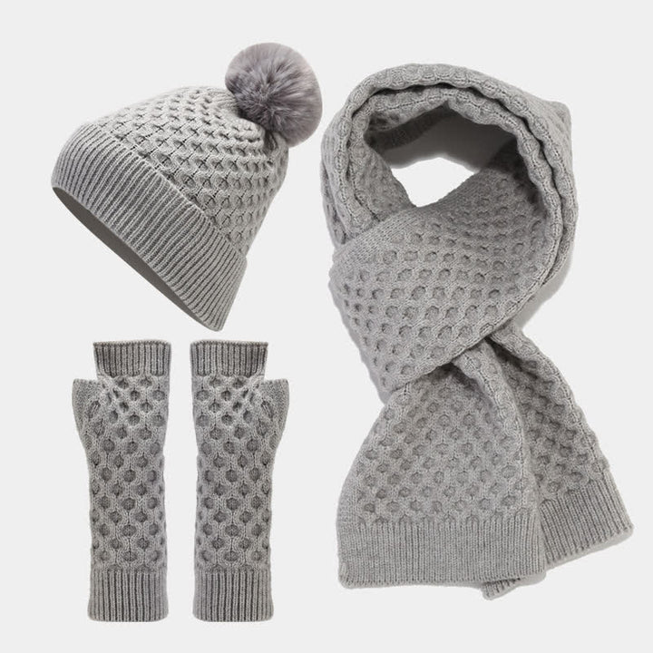3-tlg. Strickset: Mütze, Schal und Handschuhe mit Kreuzmuster für Damen