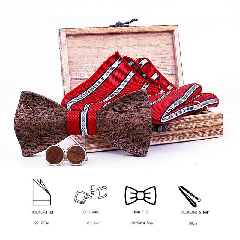 3er Set Herren Fliege aus Schwarznuss Holz mit Paisley-Muster