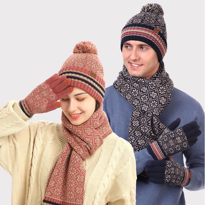 3-teiliges Unisex Schneeflocken-Set mit Mütze, Schal und Touchscreen-Handschuhen