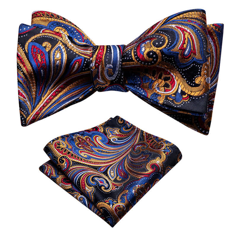 2-tlg. Herren Gold & Blau Paisley Fliege Einstecktuch Set