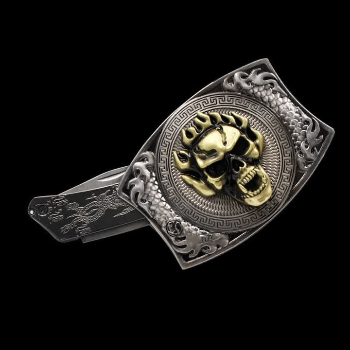 Herrengürtel aus Leder mit Flammenschädel und Klappmesser