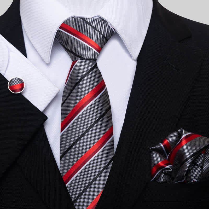 3er Set Herren Krawatte Grau & Rot gestreift