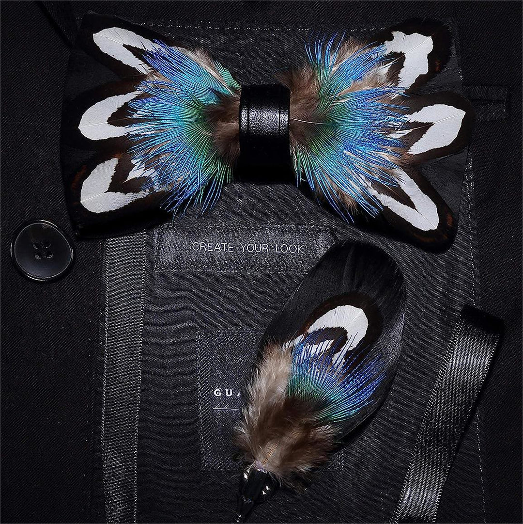 Blaue & Schwarze Edle Pfauenfeder Fliege mit Reversnadel