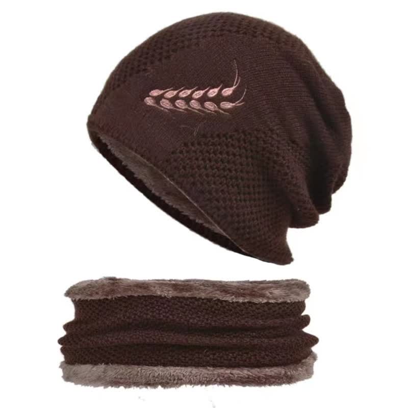2-teiliges Set Stickmuster Weizen Beanie Mütze & Halswärmer