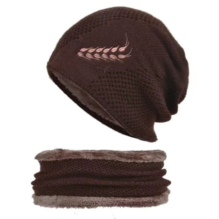2-teiliges Set Stickmuster Weizen Beanie Mütze & Halswärmer