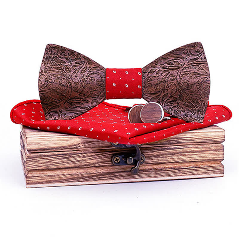 3er Set Herren Fliege aus Schwarznuss Holz mit Paisley-Muster