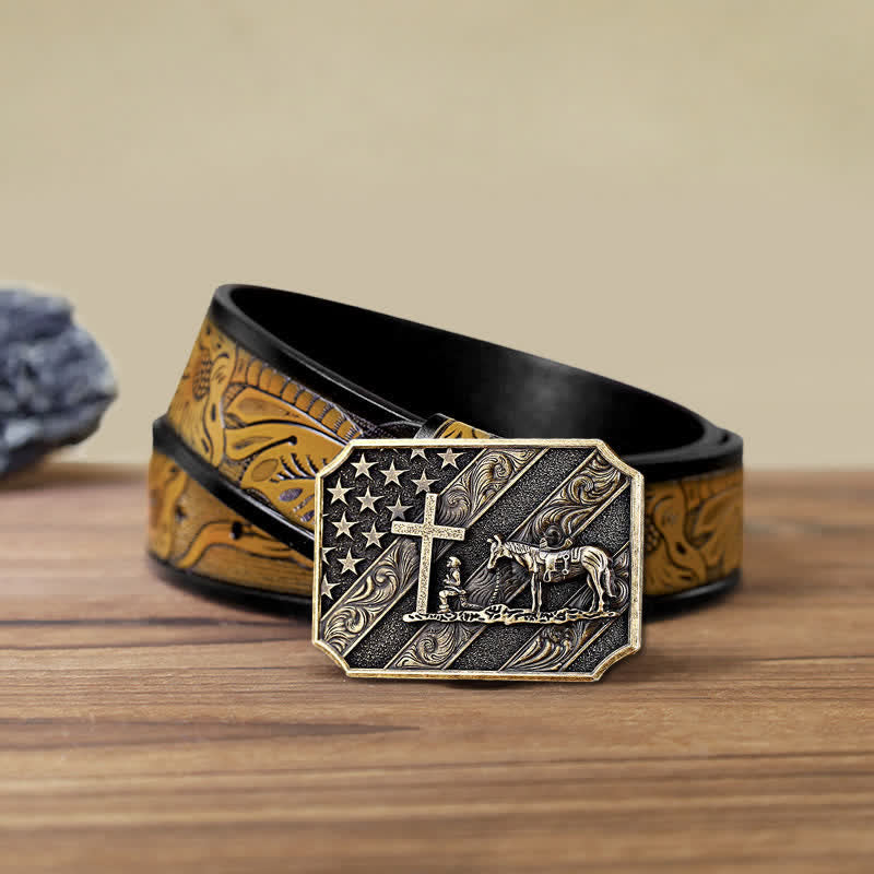 DIY Herrengürtel mit amerikanischer Flagge, Kreuz, Gebet, Pferdeschnalle und Leder