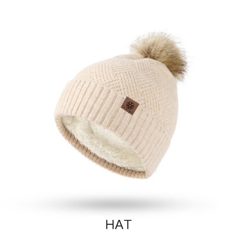 3er-Set Damen-Pompom-Gestrickter Hut-Schal-Touchscreen-Handschuhe